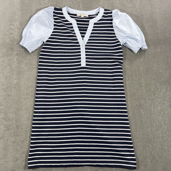 LOFT Women Small Navy White Stripe T Shirt Dress Puff Sleeves